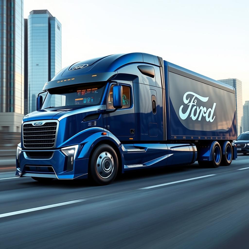 A cutting-edge semi-truck designed by Ford, displaying a robust and modern design with a bold blue and silver color scheme, along with the iconic Ford logo prominently featured