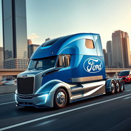 A cutting-edge semi-truck designed by Ford, displaying a robust and modern design with a bold blue and silver color scheme, along with the iconic Ford logo prominently featured