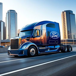 A cutting-edge semi-truck designed by Ford, displaying a robust and modern design with a bold blue and silver color scheme, along with the iconic Ford logo prominently featured