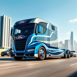 A cutting-edge semi-truck designed by Ford, displaying a robust and modern design with a bold blue and silver color scheme, along with the iconic Ford logo prominently featured