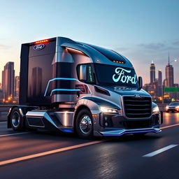 A futuristic Ford cutting-edge semi-truck, featuring a robust and modern design that showcases a bold silver and blue color scheme with the iconic Ford logo prominently displayed