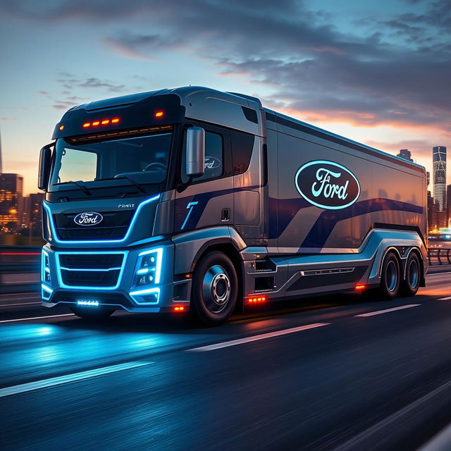 A futuristic Ford cutting-edge semi-truck, featuring a robust and modern design that showcases a bold silver and blue color scheme with the iconic Ford logo prominently displayed