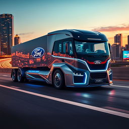 A futuristic Ford cutting-edge semi-truck, featuring a robust and modern design that showcases a bold silver and blue color scheme with the iconic Ford logo prominently displayed
