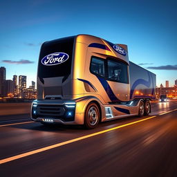 A futuristic Ford cutting-edge semi-truck, featuring a robust and modern design that showcases a bold silver and blue color scheme with the iconic Ford logo prominently displayed