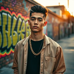 A stylish young man standing confidently in an urban setting, wearing a trendy outfit with a vivid background of colorful graffiti on a brick wall