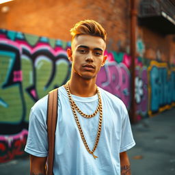 A stylish young man standing confidently in an urban setting, wearing a trendy outfit with a vivid background of colorful graffiti on a brick wall