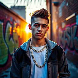 A stylish young man standing confidently in an urban setting, wearing a trendy outfit with a vivid background of colorful graffiti on a brick wall