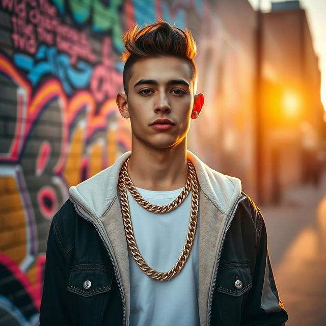 A stylish young man standing confidently in an urban setting, wearing a trendy outfit with a vivid background of colorful graffiti on a brick wall