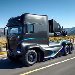 A custom cutting-edge semi-truck, featuring a unique and innovative design that combines bold aesthetics with high functionality