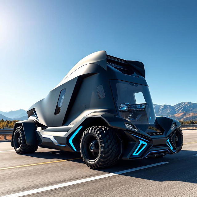 A custom cutting-edge semi-truck, featuring a unique and innovative design that combines bold aesthetics with high functionality