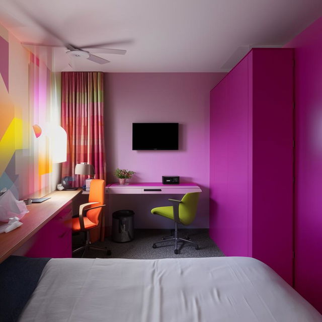 Generate an image of a vibrantly colored 10.65 square meter room equipped with a desk, bed, cupboard, and a 65-inch wall-mounted TV.