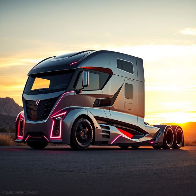 A sleek, custom cutting-edge semi-truck designed for maximum aerodynamics and fuel efficiency