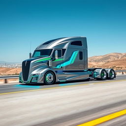 A custom cutting-edge semi-truck, showcasing a futuristic design with sleek aerodynamic lines, a metallic silver body, and vibrant blue and green accents