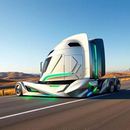 A custom cutting-edge semi-truck, showcasing a futuristic design with sleek aerodynamic lines, a metallic silver body, and vibrant blue and green accents