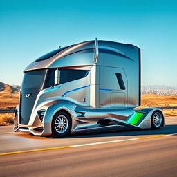 A custom cutting-edge semi-truck, showcasing a futuristic design with sleek aerodynamic lines, a metallic silver body, and vibrant blue and green accents