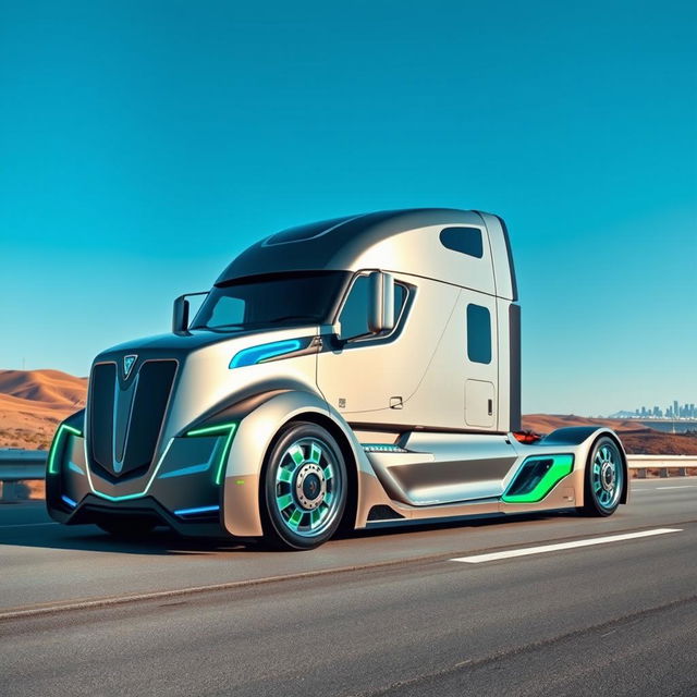 A custom cutting-edge semi-truck, showcasing a futuristic design with sleek aerodynamic lines, a metallic silver body, and vibrant blue and green accents