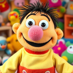 A whimsical, plush puppet character representing a silly stuffed boy, with a big, goofy smile, bright colorful fabric, and oversized features