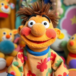 A whimsical, plush puppet character representing a silly stuffed boy, with a big, goofy smile, bright colorful fabric, and oversized features