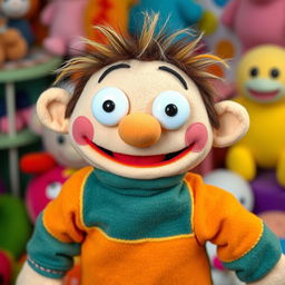 A whimsical, plush puppet character representing a silly stuffed boy, with a big, goofy smile, bright colorful fabric, and oversized features