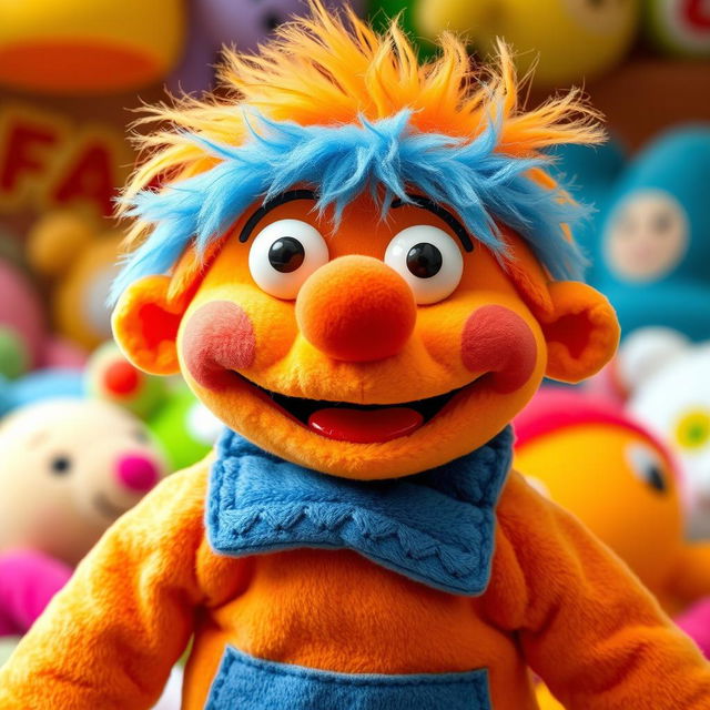 A whimsical, plush puppet character representing a silly stuffed boy, with a big, goofy smile, bright colorful fabric, and oversized features