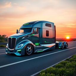 A custom cutting-edge semi-truck designed with a futuristic aesthetic, featuring a sleek aerodynamic shape, a reflective chrome body with neon blue and green accents