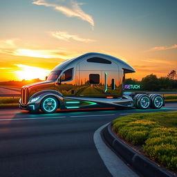 A custom cutting-edge semi-truck designed with a futuristic aesthetic, featuring a sleek aerodynamic shape, a reflective chrome body with neon blue and green accents