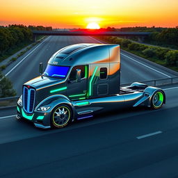 A custom cutting-edge semi-truck designed with a futuristic aesthetic, featuring a sleek aerodynamic shape, a reflective chrome body with neon blue and green accents