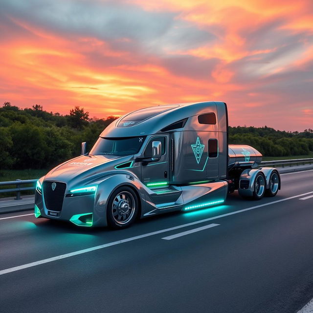 A custom cutting-edge semi-truck designed with a futuristic aesthetic, featuring a sleek aerodynamic shape, a reflective chrome body with neon blue and green accents