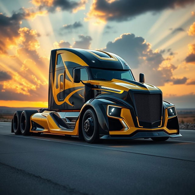 A custom cutting-edge semi-truck inspired by the design of a Chevrolet Camaro, featuring a vibrant yellow and black color scheme reminiscent of the classic muscle car