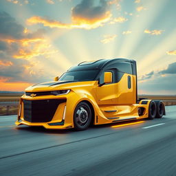 A custom cutting-edge semi-truck inspired by the design of a Chevrolet Camaro, featuring a vibrant yellow and black color scheme reminiscent of the classic muscle car