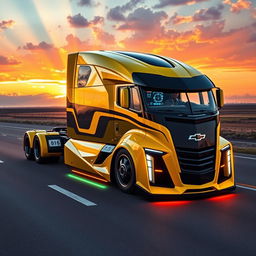 A custom cutting-edge semi-truck inspired by the design of a Chevrolet Camaro, featuring a vibrant yellow and black color scheme reminiscent of the classic muscle car