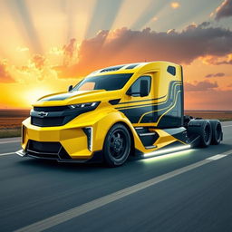 A custom cutting-edge semi-truck inspired by the design of a Chevrolet Camaro, featuring a vibrant yellow and black color scheme reminiscent of the classic muscle car