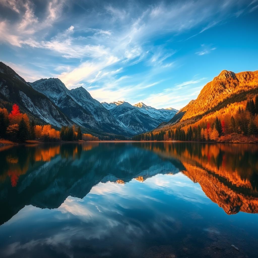 An enhanced portrait of a stunning natural landscape featuring a serene lake surrounded by majestic mountains under an expansive blue sky