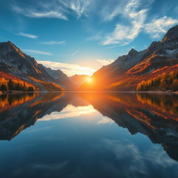 An enhanced portrait of a stunning natural landscape featuring a serene lake surrounded by majestic mountains under an expansive blue sky