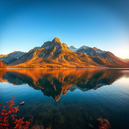 An enhanced portrait of a stunning natural landscape featuring a serene lake surrounded by majestic mountains under an expansive blue sky