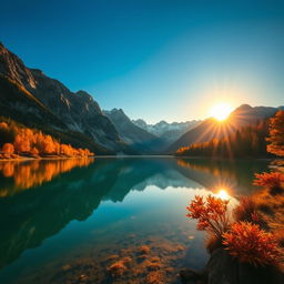 An enhanced portrait of a stunning natural landscape featuring a serene lake surrounded by majestic mountains under an expansive blue sky