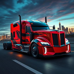 A custom cutting-edge semi-truck inspired by the Chevrolet Camaro, featuring a striking design that blends muscle car aesthetics with a heavy-duty truck layout
