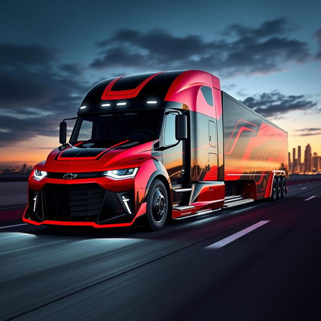 A custom cutting-edge semi-truck inspired by the Chevrolet Camaro, featuring a striking design that blends muscle car aesthetics with a heavy-duty truck layout