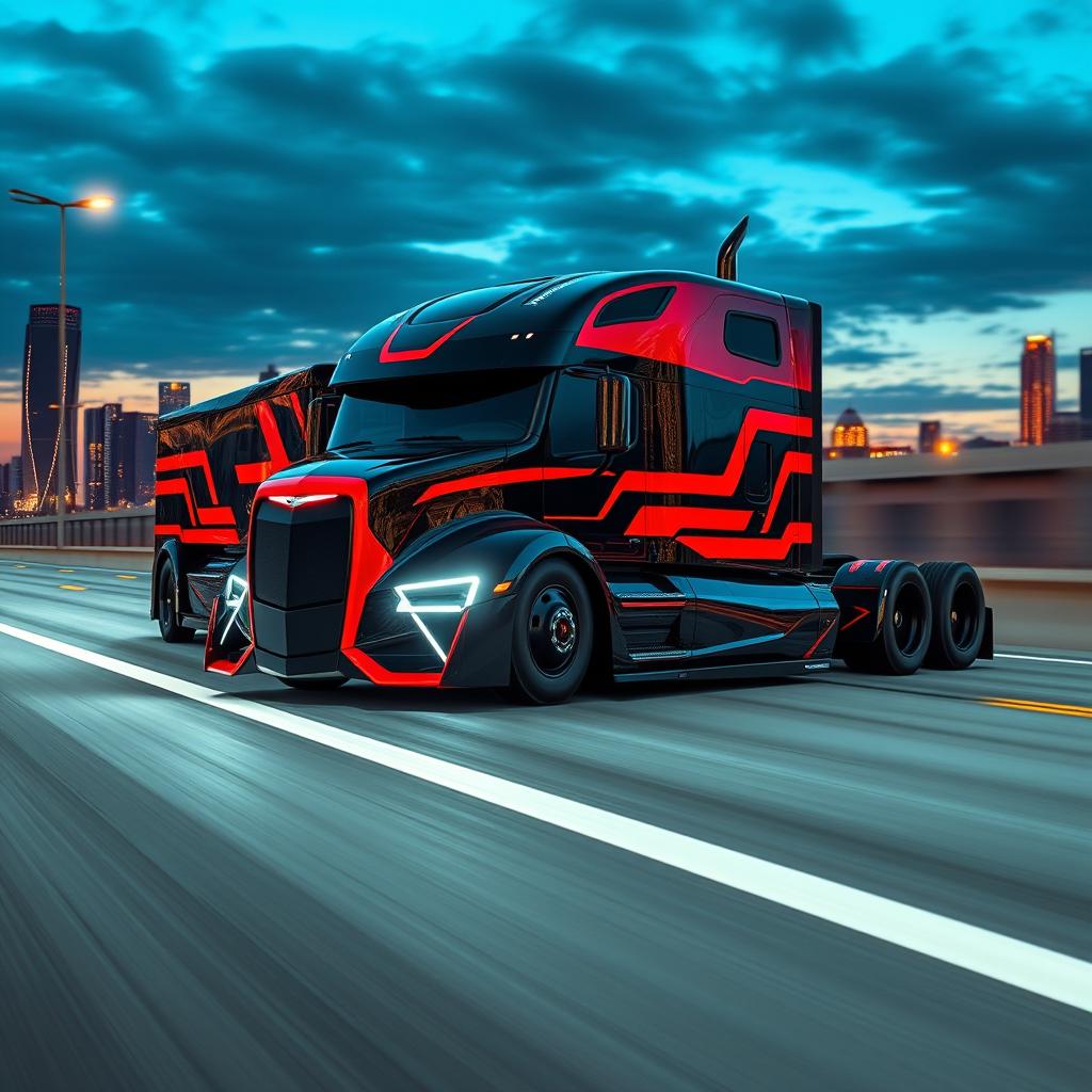 A custom cutting-edge semi-truck inspired by the Chevrolet Camaro, featuring a striking design that blends muscle car aesthetics with a heavy-duty truck layout