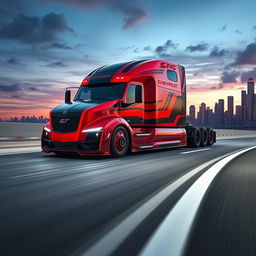 A custom cutting-edge semi-truck inspired by the Chevrolet Camaro, featuring a striking design that blends muscle car aesthetics with a heavy-duty truck layout