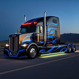 A custom cutting-edge semi-truck inspired by the Chevrolet Camaro, showcasing a dynamic fusion of trucking and muscle car design
