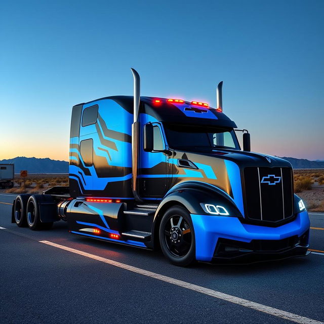 A custom cutting-edge semi-truck inspired by the Chevrolet Camaro, showcasing a dynamic fusion of trucking and muscle car design