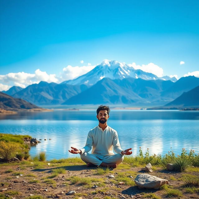 A stunning landscape depicting Dipendra Singh Airee, the Nepalese cricketer, peacefully meditating on the serene shores of Mansarovar Lake, with the majestic Mount Kailash in the background