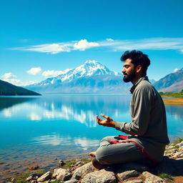 A stunning landscape depicting Dipendra Singh Airee, the Nepalese cricketer, peacefully meditating on the serene shores of Mansarovar Lake, with the majestic Mount Kailash in the background