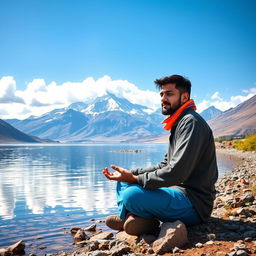 A stunning landscape depicting Dipendra Singh Airee, the Nepalese cricketer, peacefully meditating on the serene shores of Mansarovar Lake, with the majestic Mount Kailash in the background