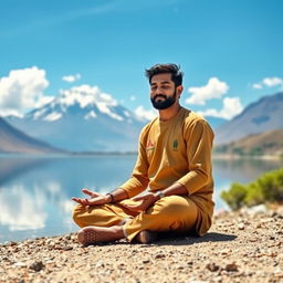 A stunning landscape depicting Dipendra Singh Airee, the Nepalese cricketer, peacefully meditating on the serene shores of Mansarovar Lake, with the majestic Mount Kailash in the background