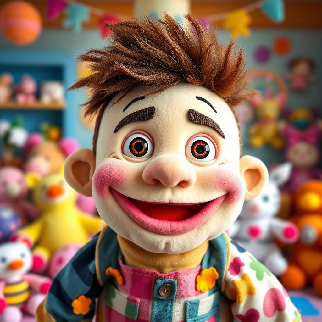 A charmingly whimsical, plush puppet character imagined as a hilariously silly stuffed boy, featuring a larger-than-life, goofy grin, exaggerated facial features, and mismatched, colorful fabric patterns