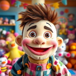 A charmingly whimsical, plush puppet character imagined as a hilariously silly stuffed boy, featuring a larger-than-life, goofy grin, exaggerated facial features, and mismatched, colorful fabric patterns