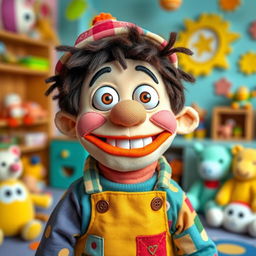 A charmingly whimsical, plush puppet character imagined as a hilariously silly stuffed boy, featuring a larger-than-life, goofy grin, exaggerated facial features, and mismatched, colorful fabric patterns