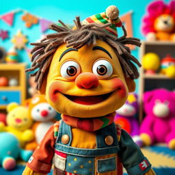 A charmingly whimsical, plush puppet character imagined as a hilariously silly stuffed boy, featuring a larger-than-life, goofy grin, exaggerated facial features, and mismatched, colorful fabric patterns